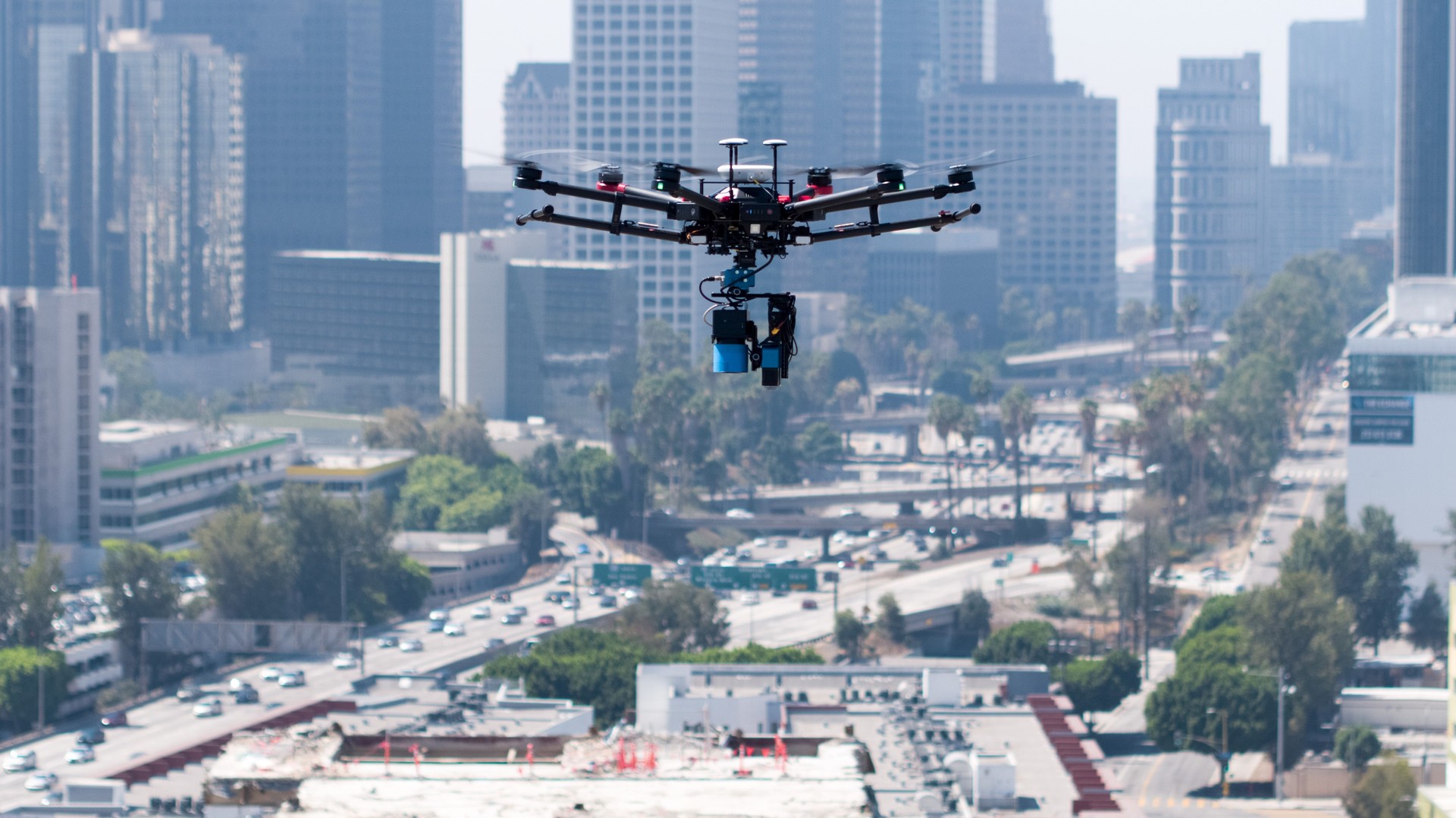 Drone flying over construction site