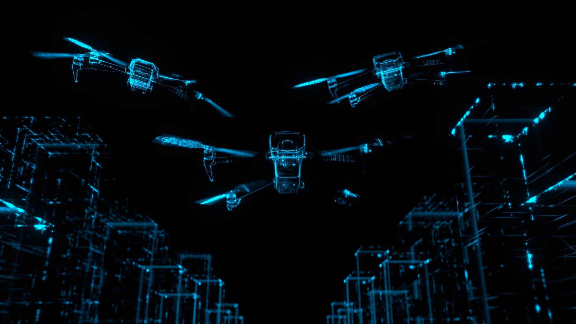 drone squad, quadrocopters, hologram, control system, high-tech technology, military technology, background, abstraction