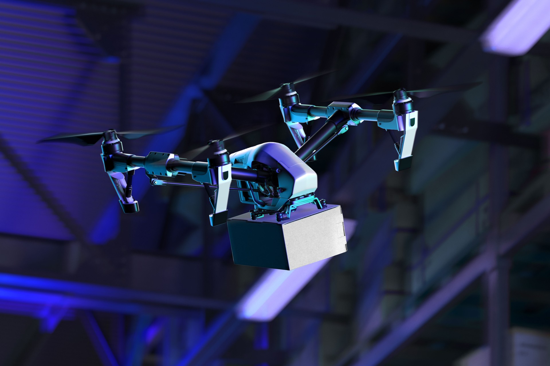 Drone Delivering Box to Buyer From Warehouse at Night Time. Contactless Delivery by Quadcopter. Online Shopping. 3d rendering